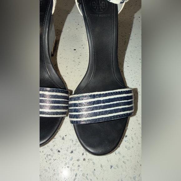 Tory Burch Black and White Striped Ankle Strap Heels - Picture 2 of 11